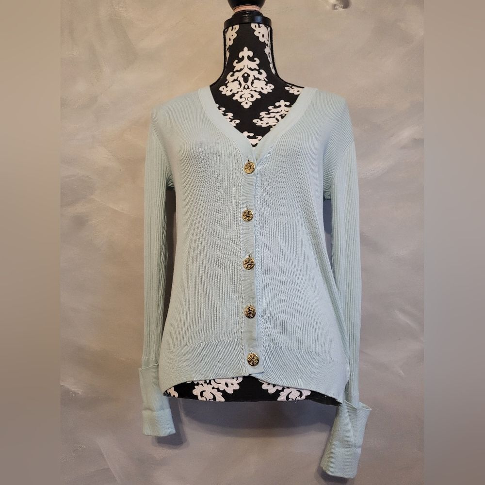 Tory Burch Simone Ribbed Button Down Cardigan Blue Gold Cotton Sz S